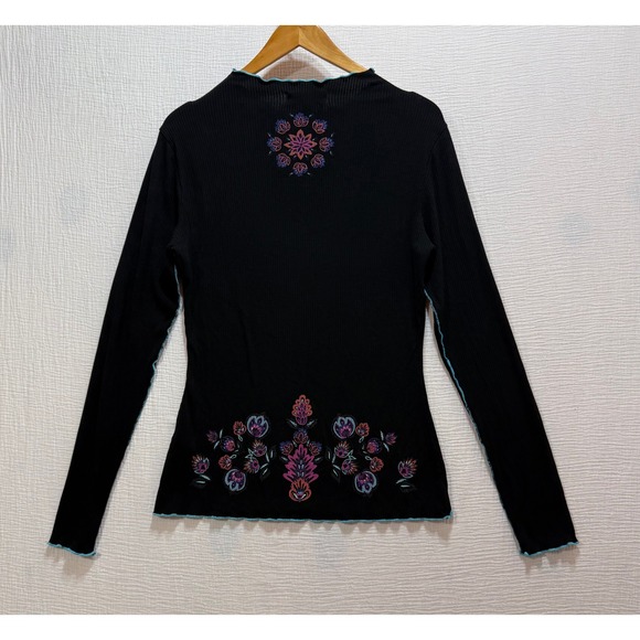 Desigual Black Ribbed Mock Neck Long Sleeve Floral Women's Top Size L Artsy - Picture 3 of 11